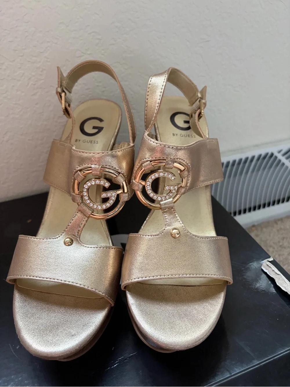 Guess Metallic Gold Wedge Sandals with Wood-Effect Platform